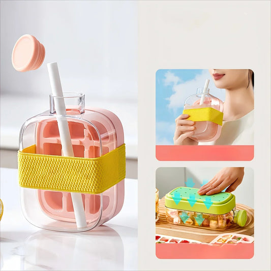 Versatile Ice Cube Mold Tray & Water Bottle with Straw – Effortless Ice Release and Hydration On-the-Go