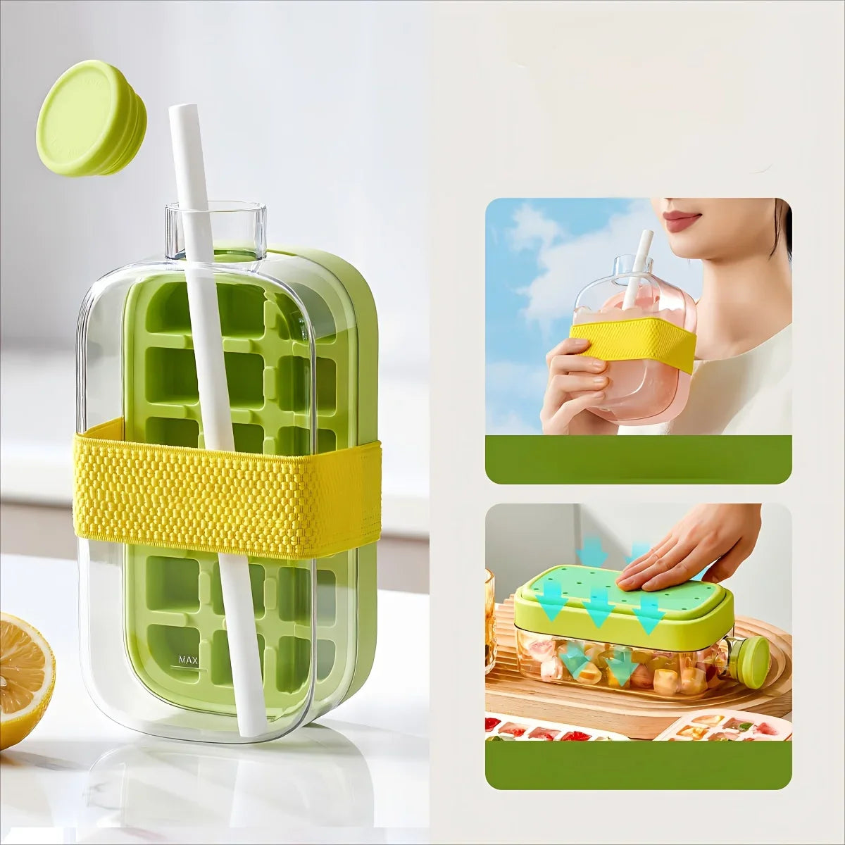 Versatile Ice Cube Mold Tray & Water Bottle with Straw – Effortless Ice Release and Hydration On-the-Go